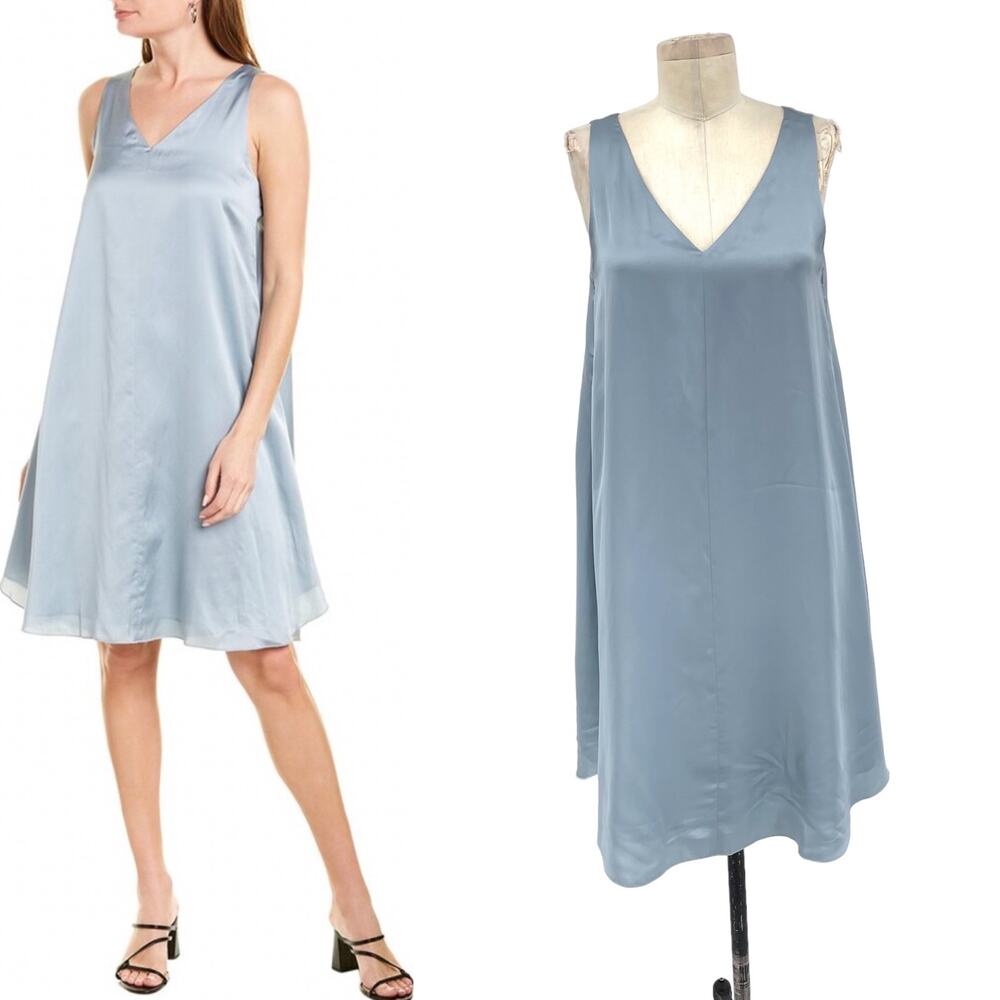 Eileen Fisher V-Neck Silk-Blend Sleeveless Dress Dawn Blue Size XS